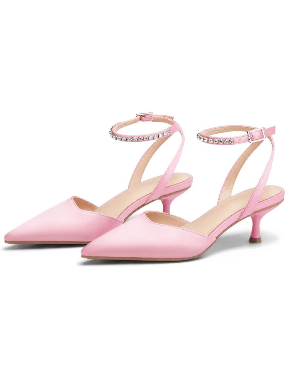 Women's Pink Low Kitten Heels Closed Pointed Toe Pumps Rhinestone Ankle Strap